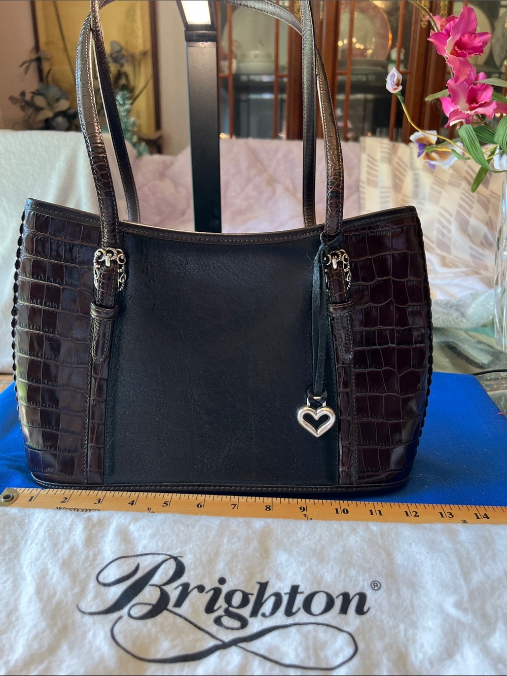 Brighton Black and Brown Croc-Embossed Leather Shoulder Bag